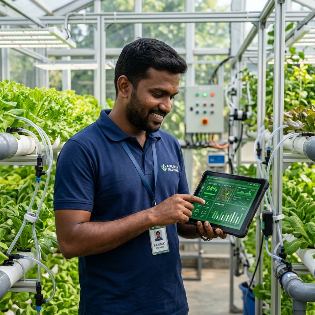 A field officer checking crop health data on a tablet inside a polyhouse