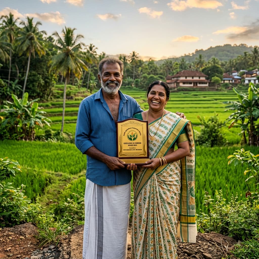 Two members holding a cooperative excellence award beside their paddy field