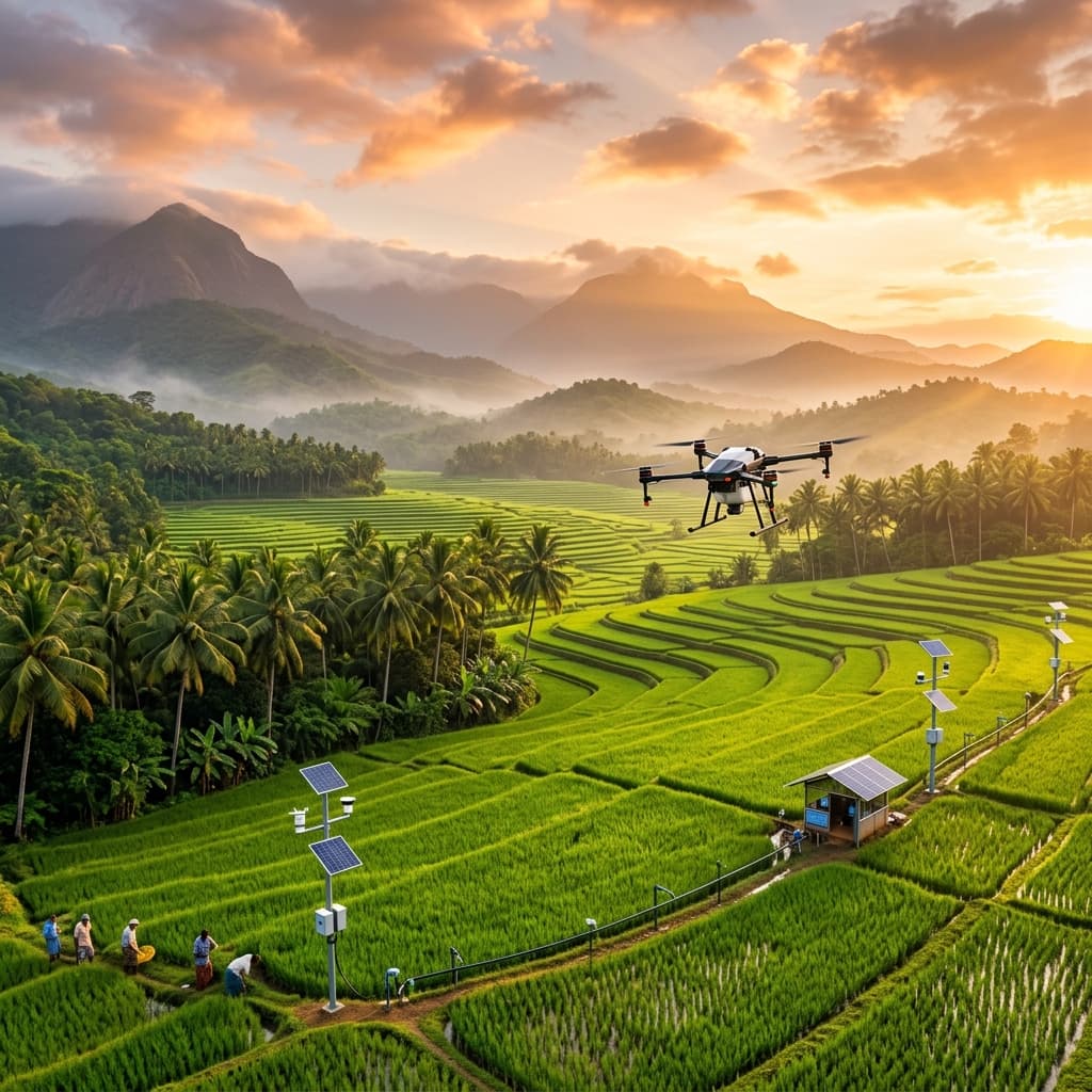 Ultra HD modern smart agriculture in South India with high-tech drone and solar irrigation sensors over emerald rice fields during golden hour