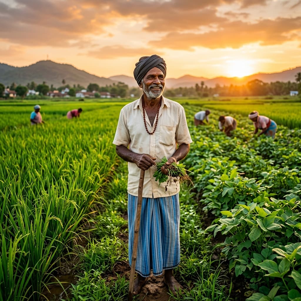 South Indian cooperative member farmer standing in green field